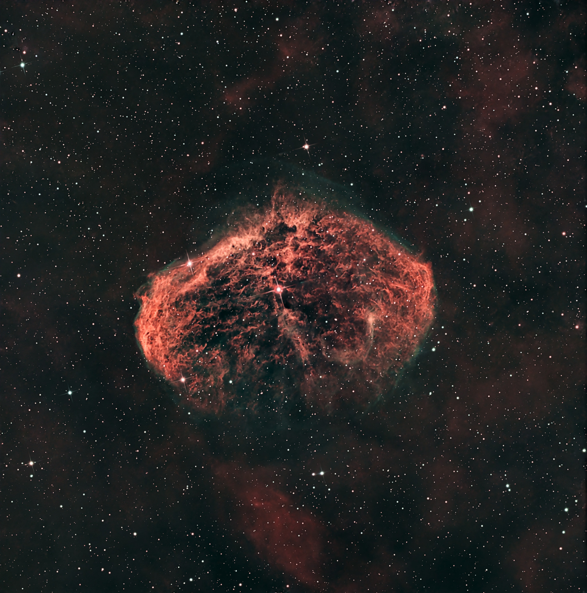 The Crescent Moon Nebula NGC 6888 is a peculiar emission nebula in the constellation Cygnus, excited to glow by the Wolf-Rayet star at the nebula's center.